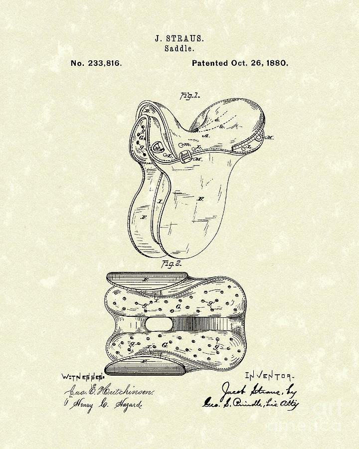 Saddle 1880 Patent Art Drawing by Prior Art Design