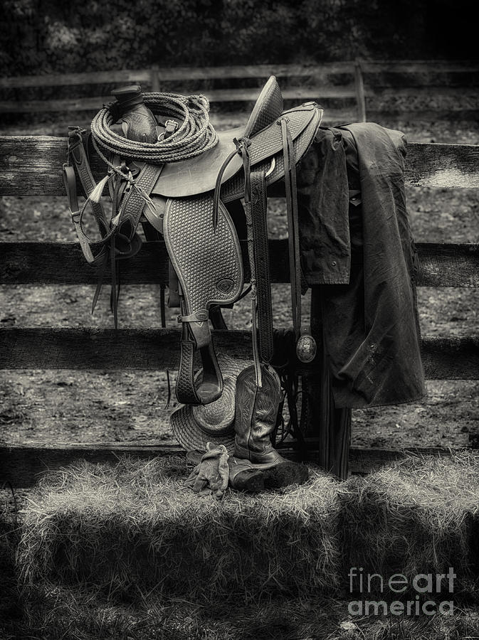 Saddle and Gear Black and White Photograph by Jerry Fornarotto