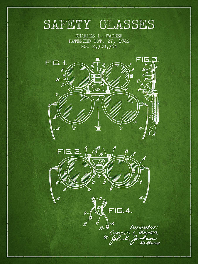 Vintage Digital Art - Safety Glasses Patent from 1942 - Green by Aged Pixel