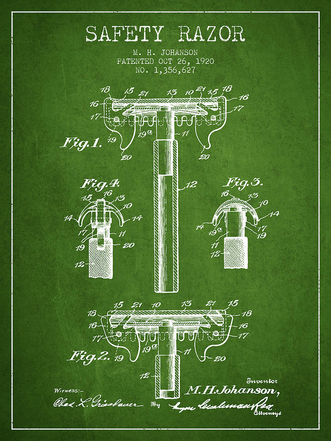 Vintage Digital Art - Safety Razor Patent from 1920 - Green by Aged Pixel