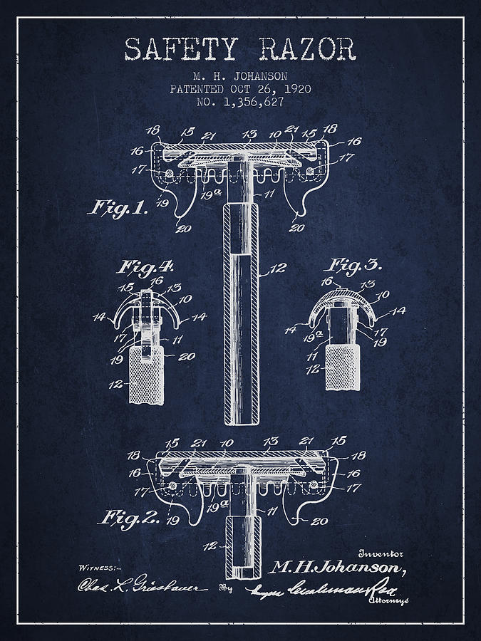 Vintage Digital Art - Safety Razor Patent from 1920 - Navy Blue by Aged Pixel