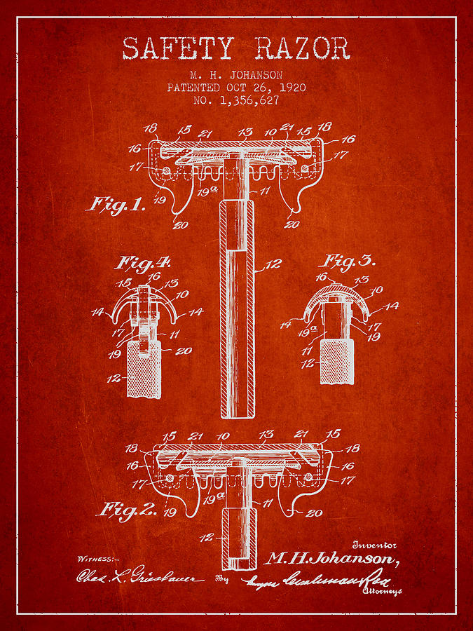 Vintage Digital Art - Safety Razor Patent from 1920 - Red by Aged Pixel