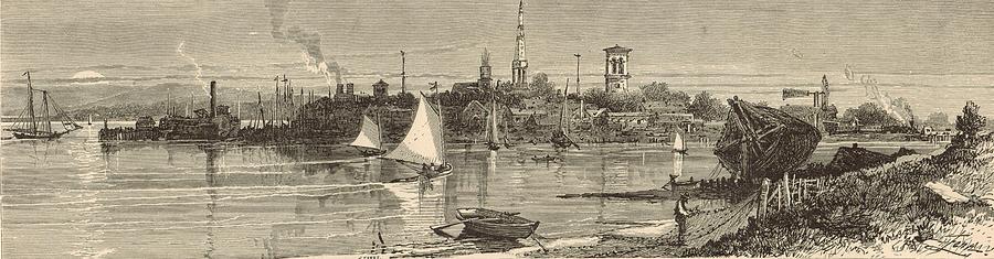 Black And White Painting - Sag Harbor 1872 Engraving by Harry Fenn by Antique Engravings