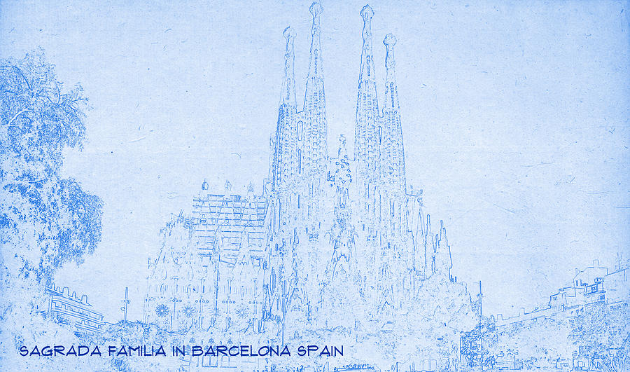 Architecture Digital Art - Sagrada Familia in Barcelona Spain  - BluePrint Drawing by MotionAge Designs