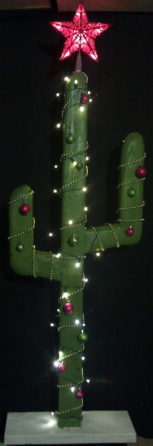 Christmas Sculpture - Saguaro Cactus Christmas Tree Hand Carved Hand Painted Solid Wood by Andrew Houck