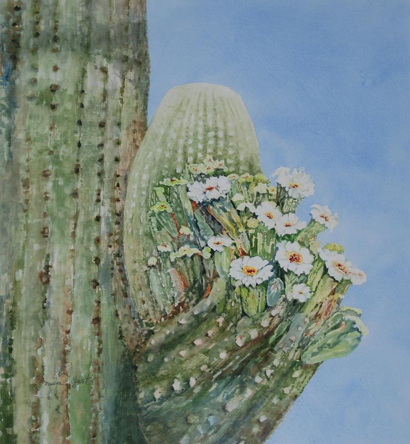 Saguaro Cactus in Bloom Painting by Marilyn  Clement