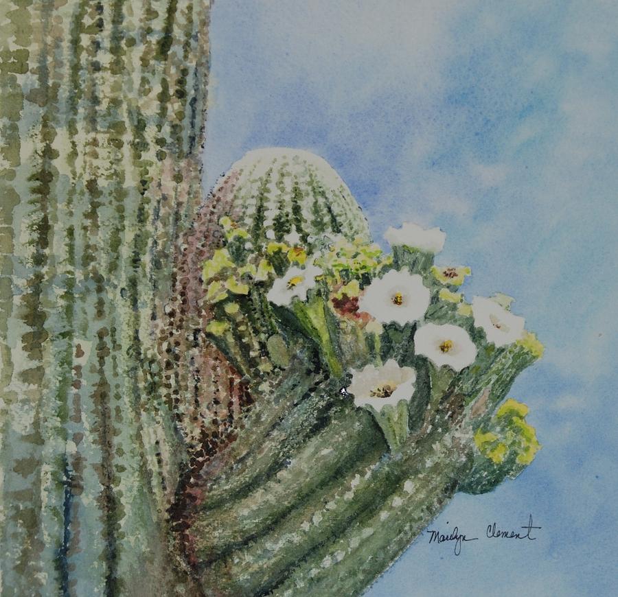 Saguaro in Bloom Painting by Marilyn  Clement