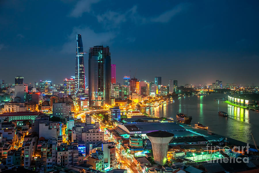City Photograph - Saigon Aerial Night Skyline by Fototrav Print