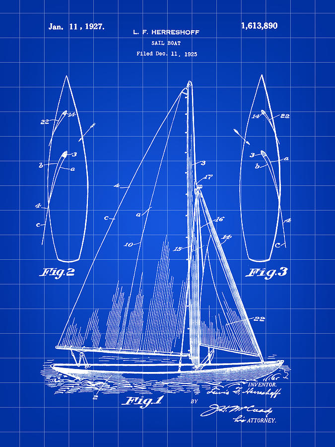 Sail Boat Patent 1925 - Blue Digital Art by Stephen Younts