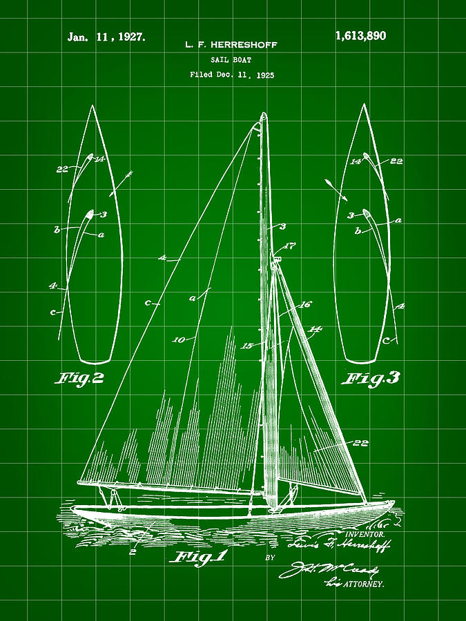 Sail Boat Patent 1925 - Green Digital Art by Stephen Younts