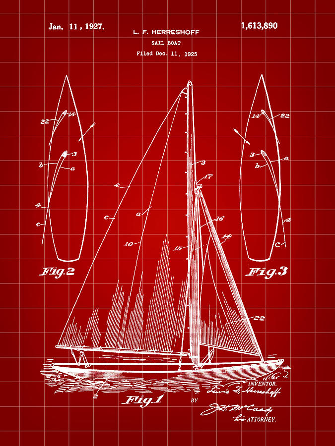 Sail Boat Digital Art - Sail Boat Patent 1925 - Red by Stephen Younts