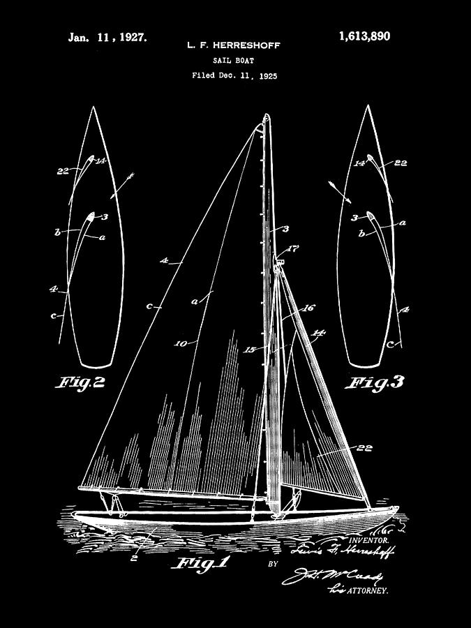 Sail Boat Patent 1925 - Black Digital Art by Stephen Younts