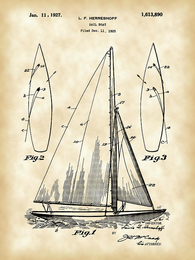 Sail Boat Patent 1925 - Vintage Digital Art by Stephen Younts