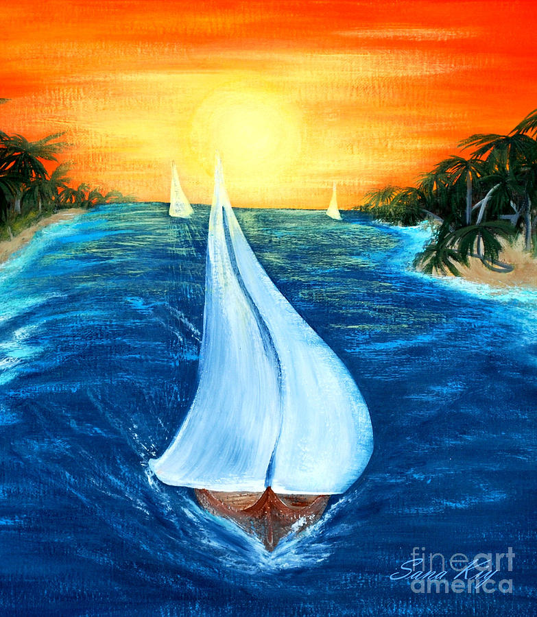 Boat Painting - Sail Boats Card by Oksana Semenchenko