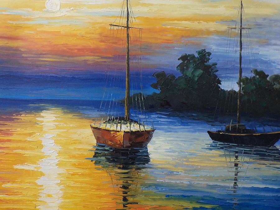 sunset with sailboat painting