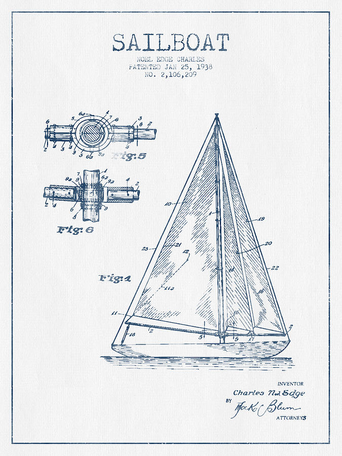Vintage Digital Art - Sailboat Patent Drawing From 1938  -  Blue Ink by Aged Pixel