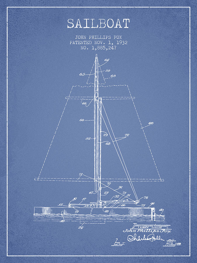Sailboat Patent From 1932 - Light Blue Digital Art