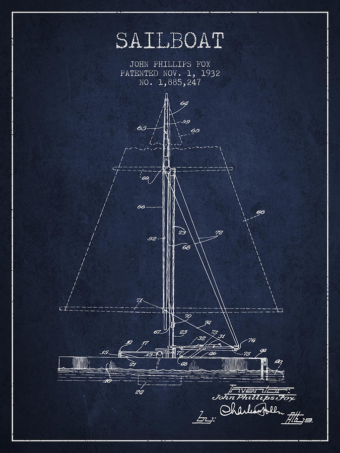 Sailboat Patent From 1932 - Navy Blue Digital Art