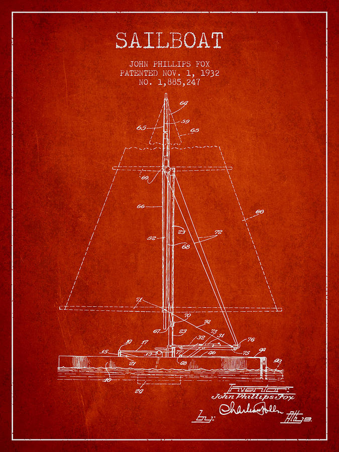 Sailboat Patent From 1932 - Red Digital Art