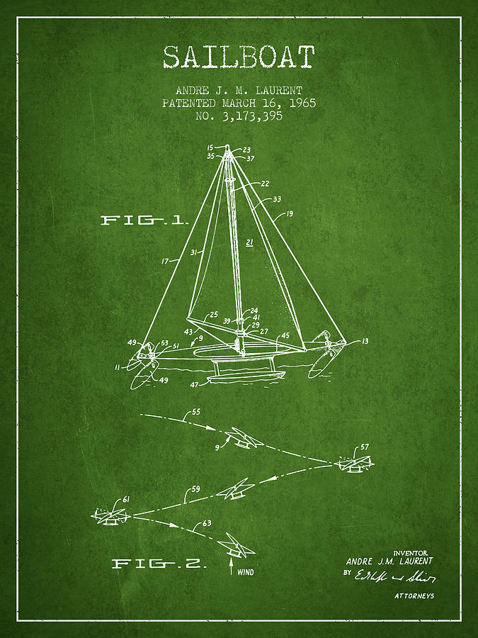 Sailboat Patent From 1965 - Green Digital Art