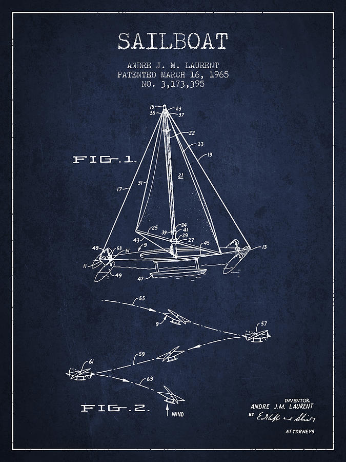 Sailboat Patent From 1965 - Navy Blue Digital Art