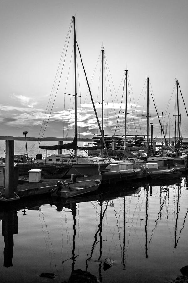 Sailboats At Sunset In Morro Bay Marina Black And White Fine Art Photography Print Photograph by Jerry Cowart
