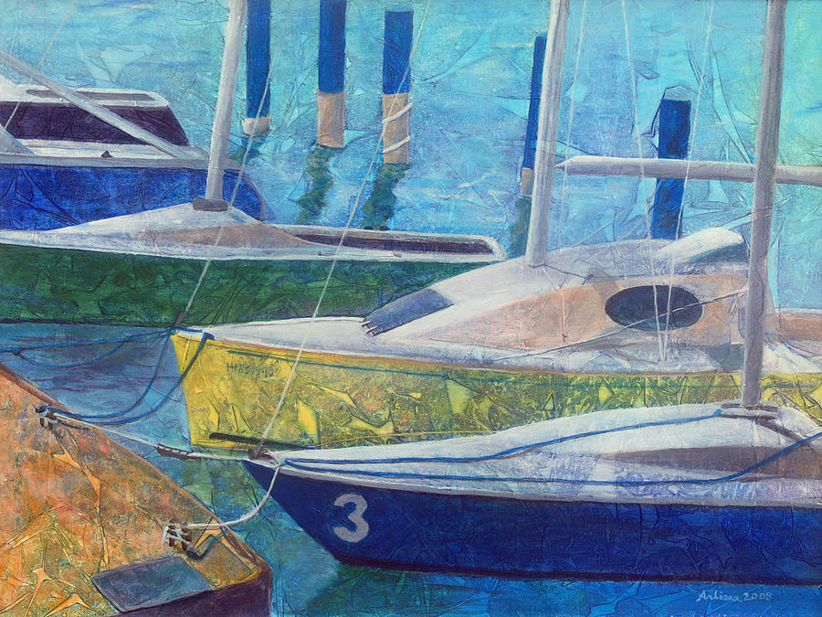 Sailboats In Harbor Painting