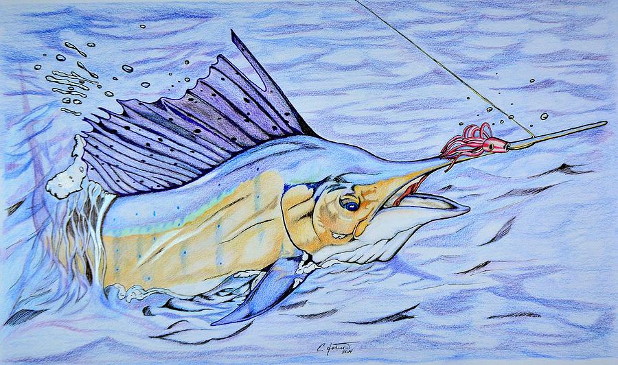 Swordfish Drawing - Sailfish On the Line by Edward Johnston