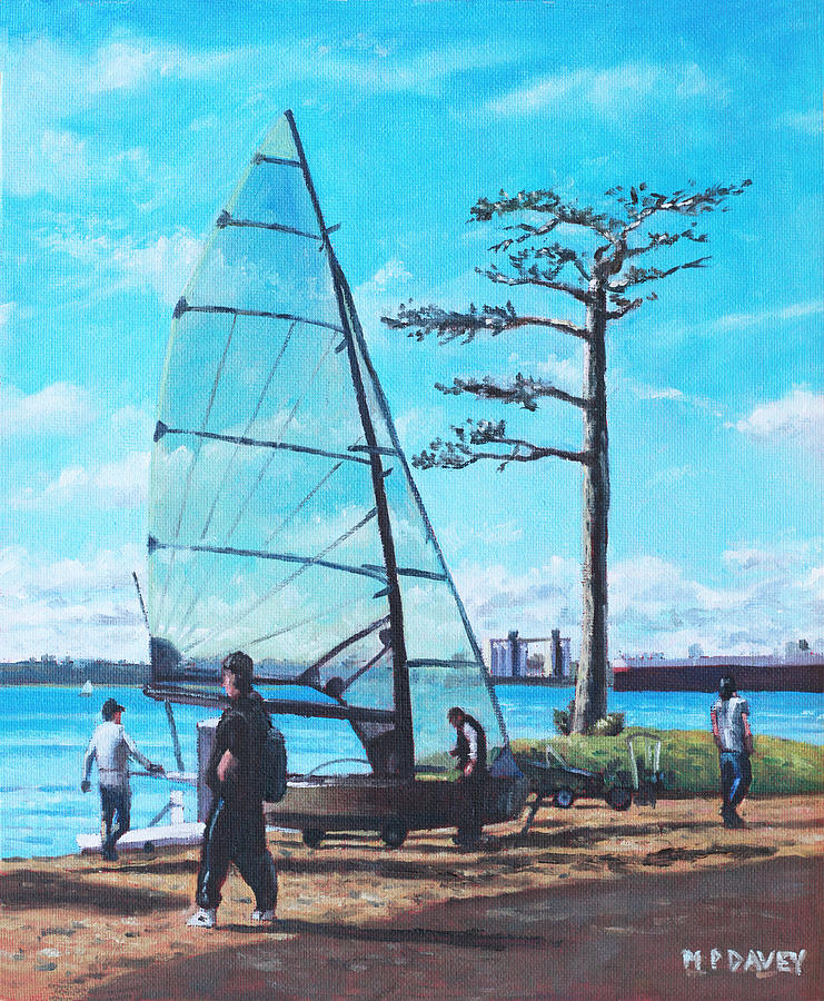 Sailing boat preparation at Weston Shore Southampton Painting by Martin Davey