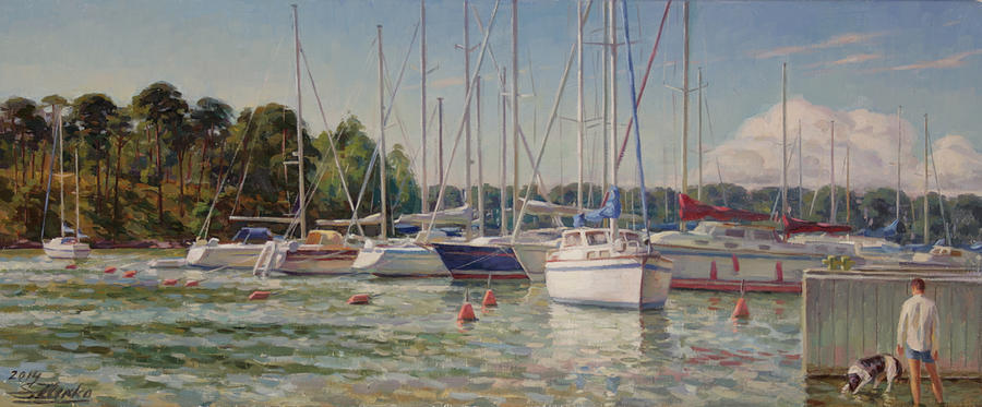 Sailing boats in harbor Painting by Serguei Zlenko