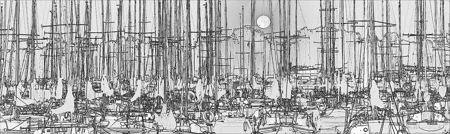 Sailing boats in marina with full moon Mixed Media by Peter V Quenter