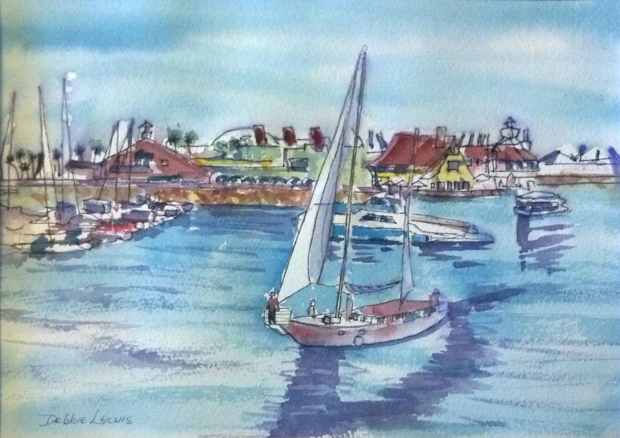 Long Beach Painting - Sailing by Shoreline Village by Debbie Lewis
