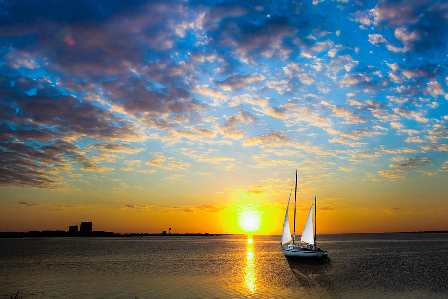 Sailing Into Round Yellow Sun-sunset Sailboat by Eszra Tanner