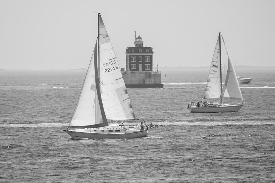 Black And White Photograph - Sailing Past Ledge Light - Black and White by Kirkodd Photography Of New England