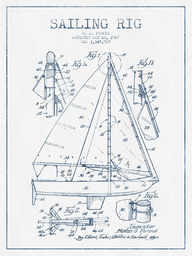 Sailing Rig Patent Drawing From 1967  -  Blue Ink Digital Art