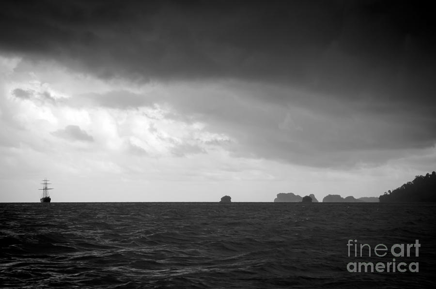 Nature Photograph - Sailing Ship in Storm Black and White by THP Creative
