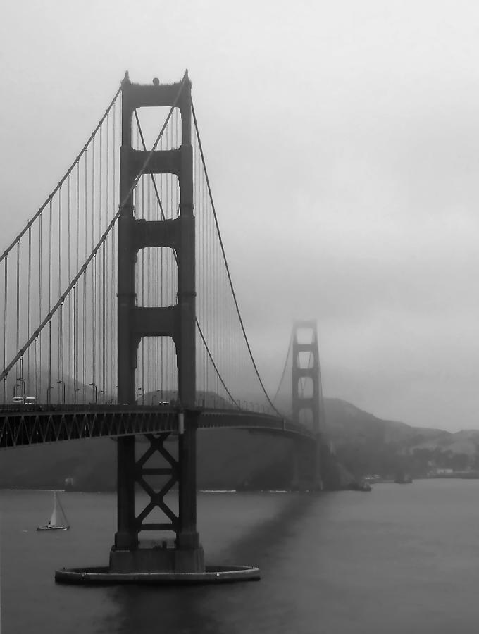 Sailing Under the Golden Gate Bridge BW Photograph by Connie Fox