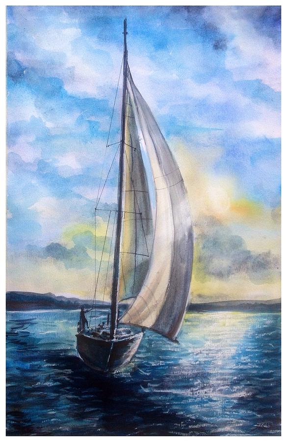 Sailing with the sunset Painting by Katerina Kovatcheva