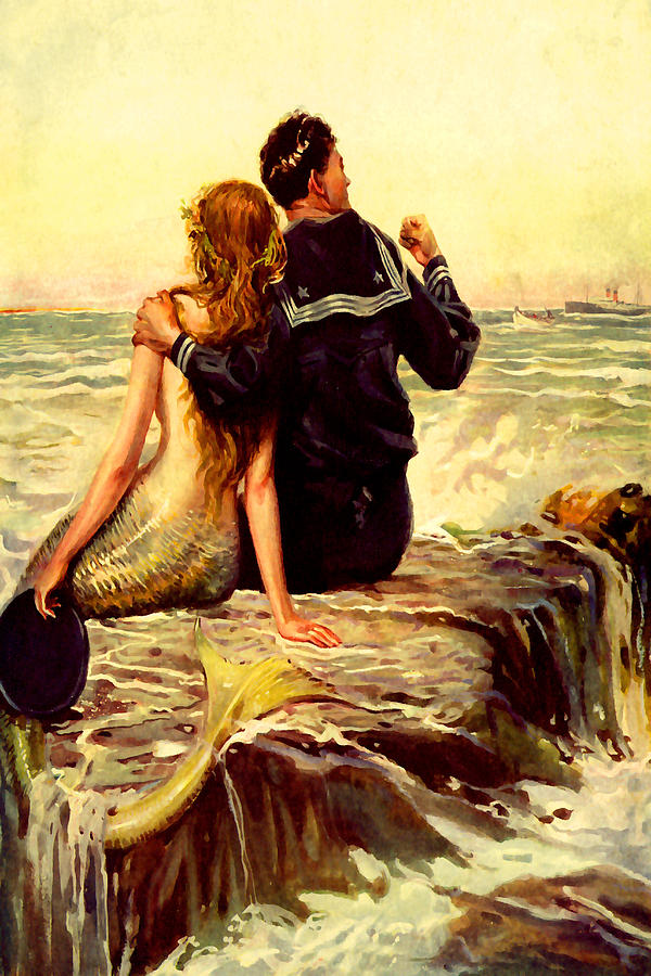 Mermaid And Sailor At Sunset - At The Beach America Painting by Private