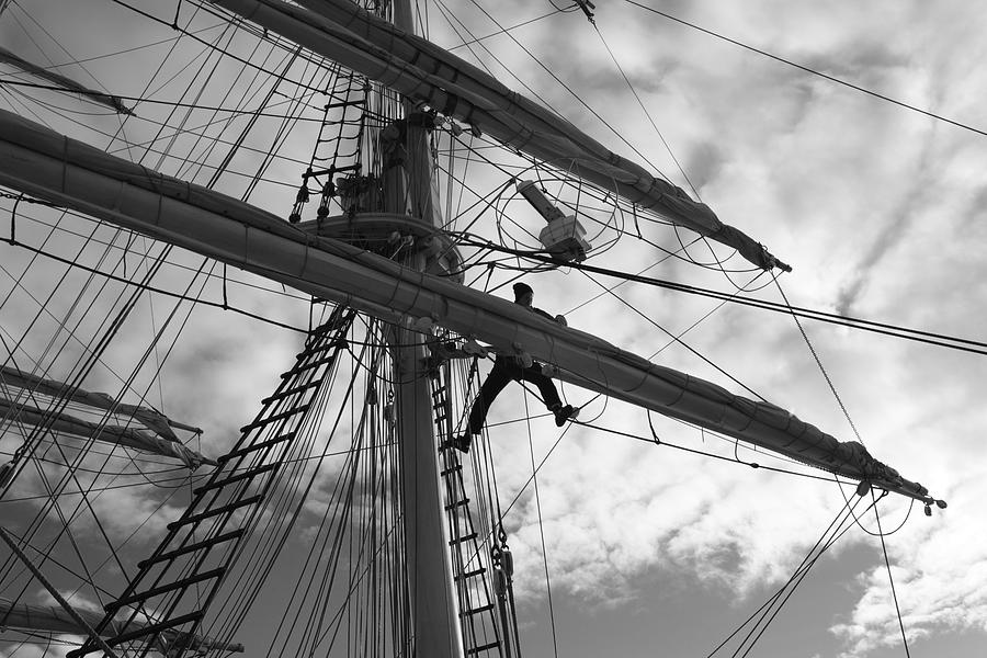 Sailor working in the rigging - monochrome Photograph by Ulrich Kunst And Bettina Scheidulin