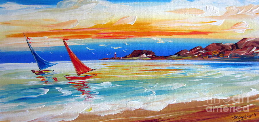 Sails at sunset with Lighthouse Painting by Roberto Gagliardi