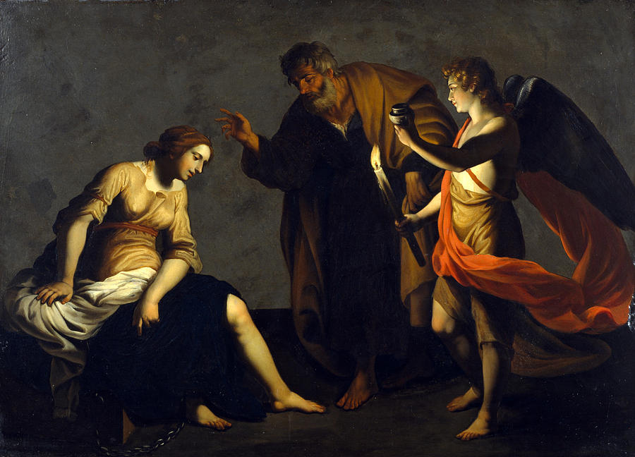 Saint Agatha Attended by Saint Peter and an Angel in Prison Painting by Alessandro Turchi