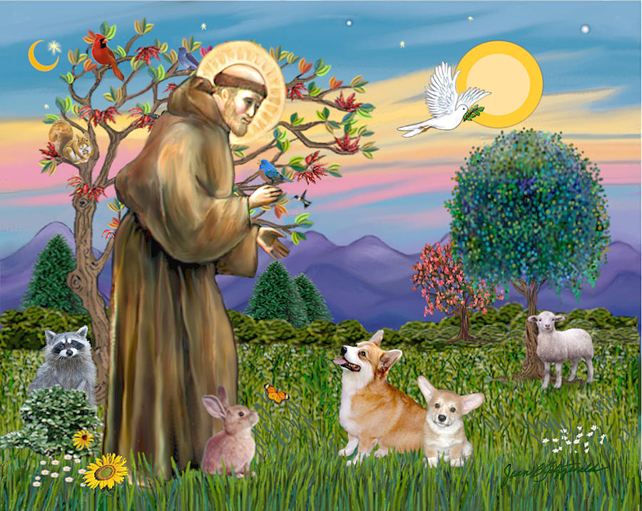 Pembroke Welsh Corgi Digital Art - Saint Francis Blesses a Corgi and Her Pup by Jean Batzell Fitzgerald Pembroke Welsh Corgi Digital Art - Saint Francis Blesses a Corgi and Her Pup by Jean Batzell Fitzgerald