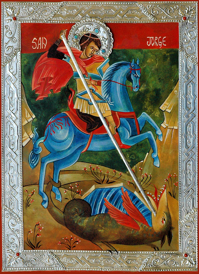 Icons Painting - Saint George the Dragon  by Mary jane Miller
