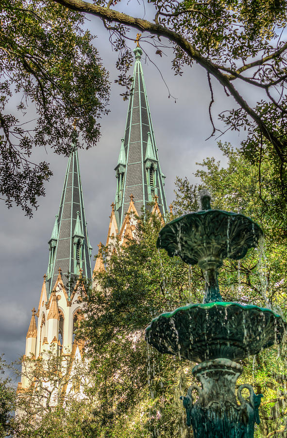 Saint John the Baptist Cathedral with Park Fountain Photograph by Anthony Doudt