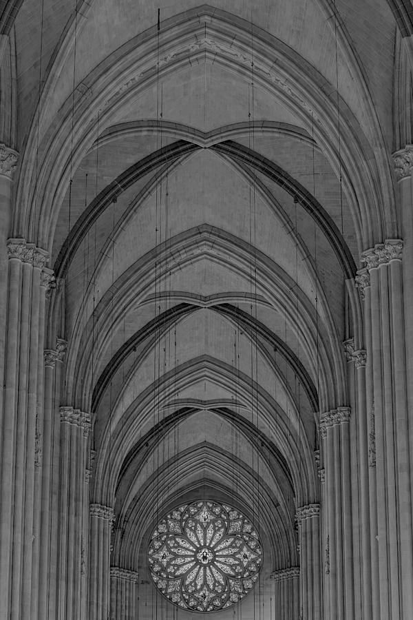 Saint John The Divine Cathedral Arches And Rose Window BW Photograph by Susan Candelario