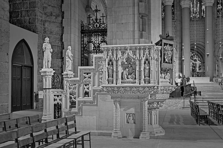 Saint John The Divine Cathedral Pulpit BW Photograph by Susan Candelario