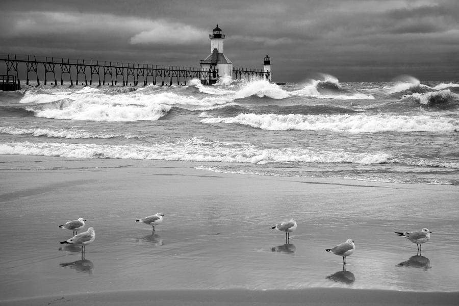 Saint Joseph Michigan Lighthouses Stormy Day At Silver Beach I Bw Photograph