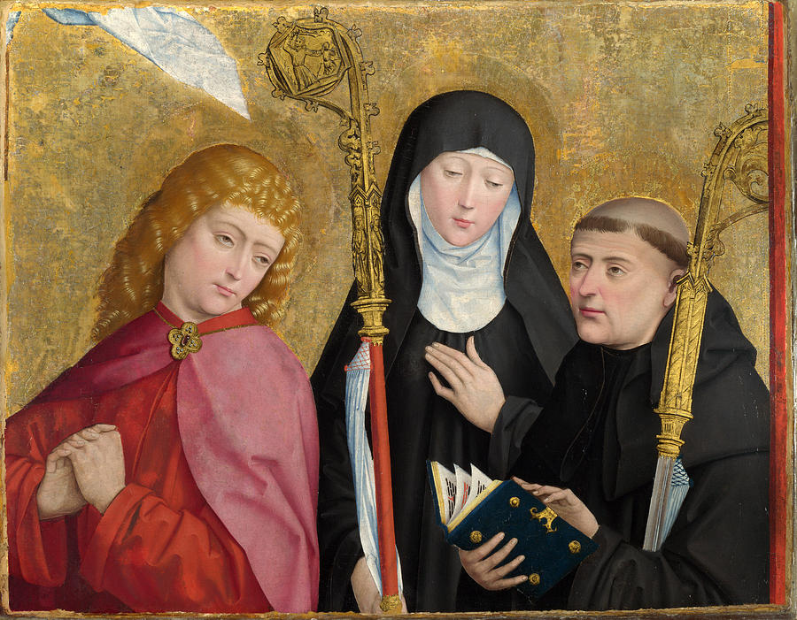 Saints John the Evangelist Scholastica and Benedict Painting by Master of Liesborn