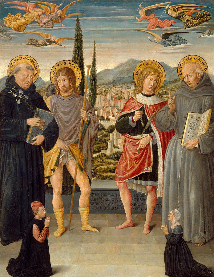 Benozzo Gozzoli Painting - Saints Nicholas of Tolentino Roch Sebastian and Bernardino of Siena with Kneeling Donors by Benozzo Gozzoli